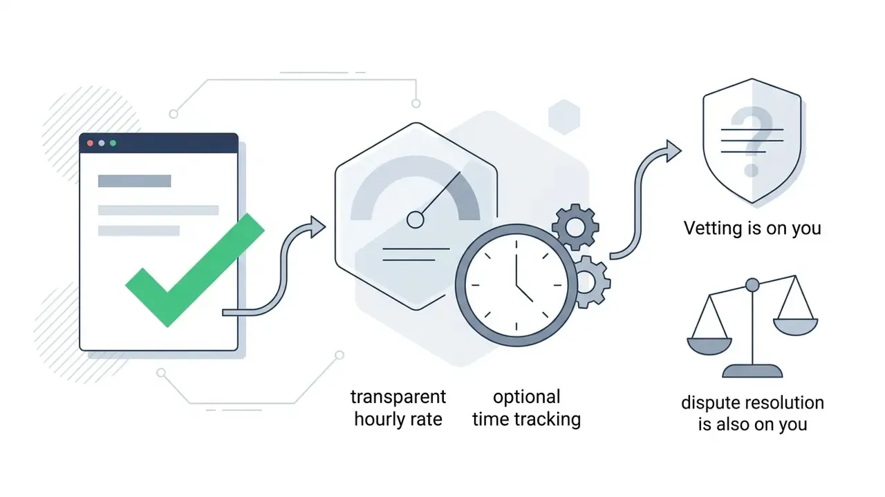 Icons showing hourly rates, time tracking, vetting, and dispute resolution for freelance hiring