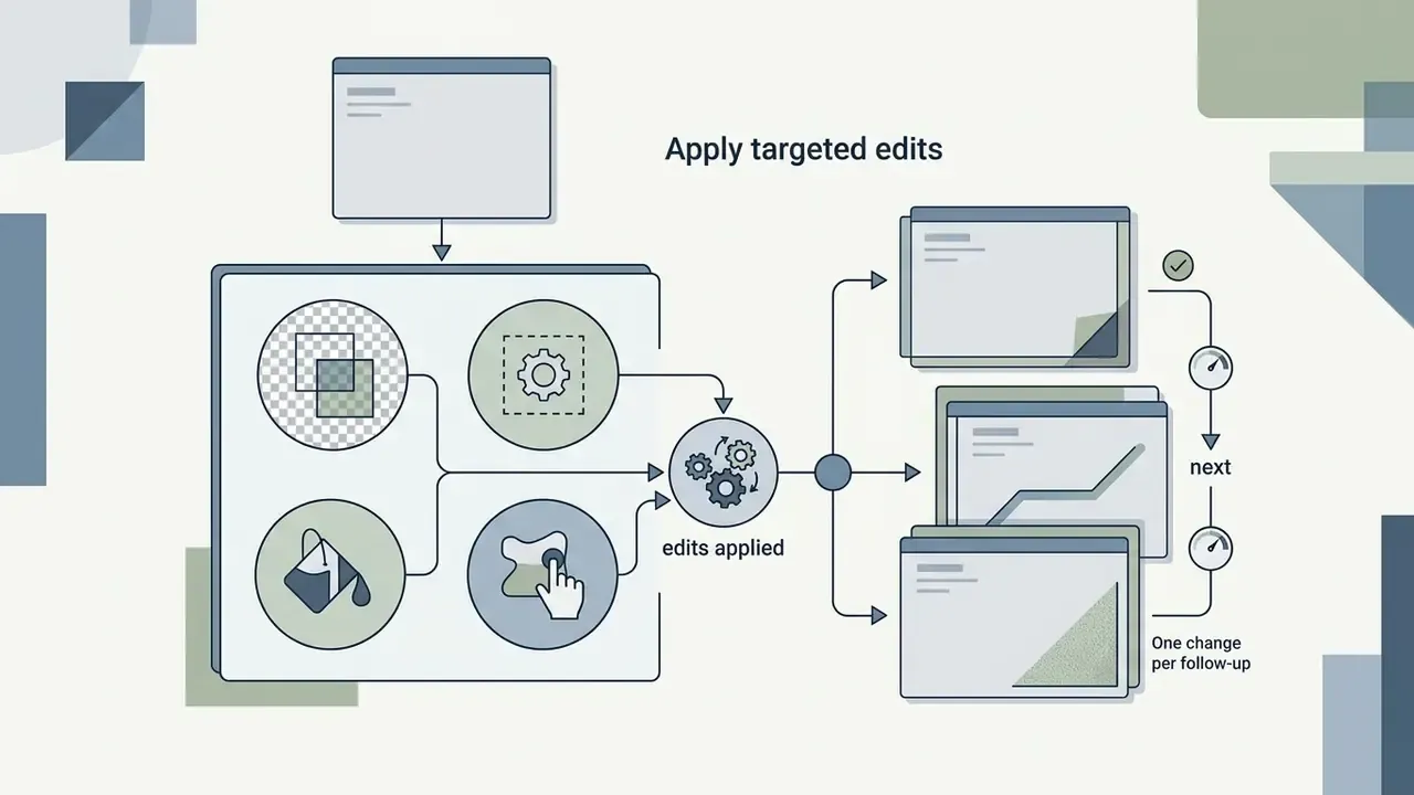 Workflow showing selection tools and masks processing image edits into sequential output variations