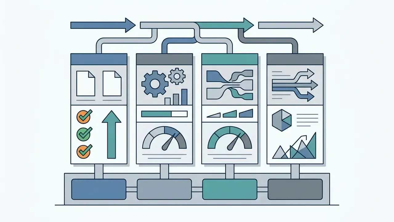 Four interconnected vertical panels showing data processing stages with icons for documents, gears, and charts