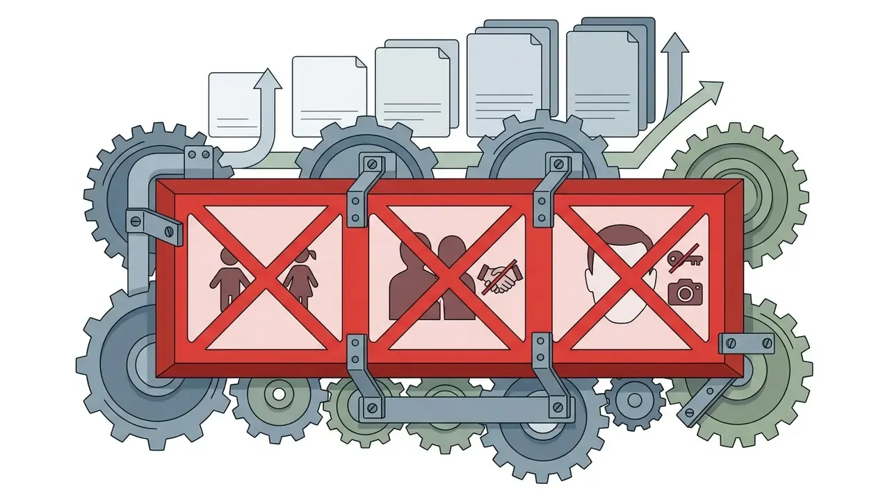 Red rectangular frame with prohibited icons mounted on a system of mechanical gears and document icons