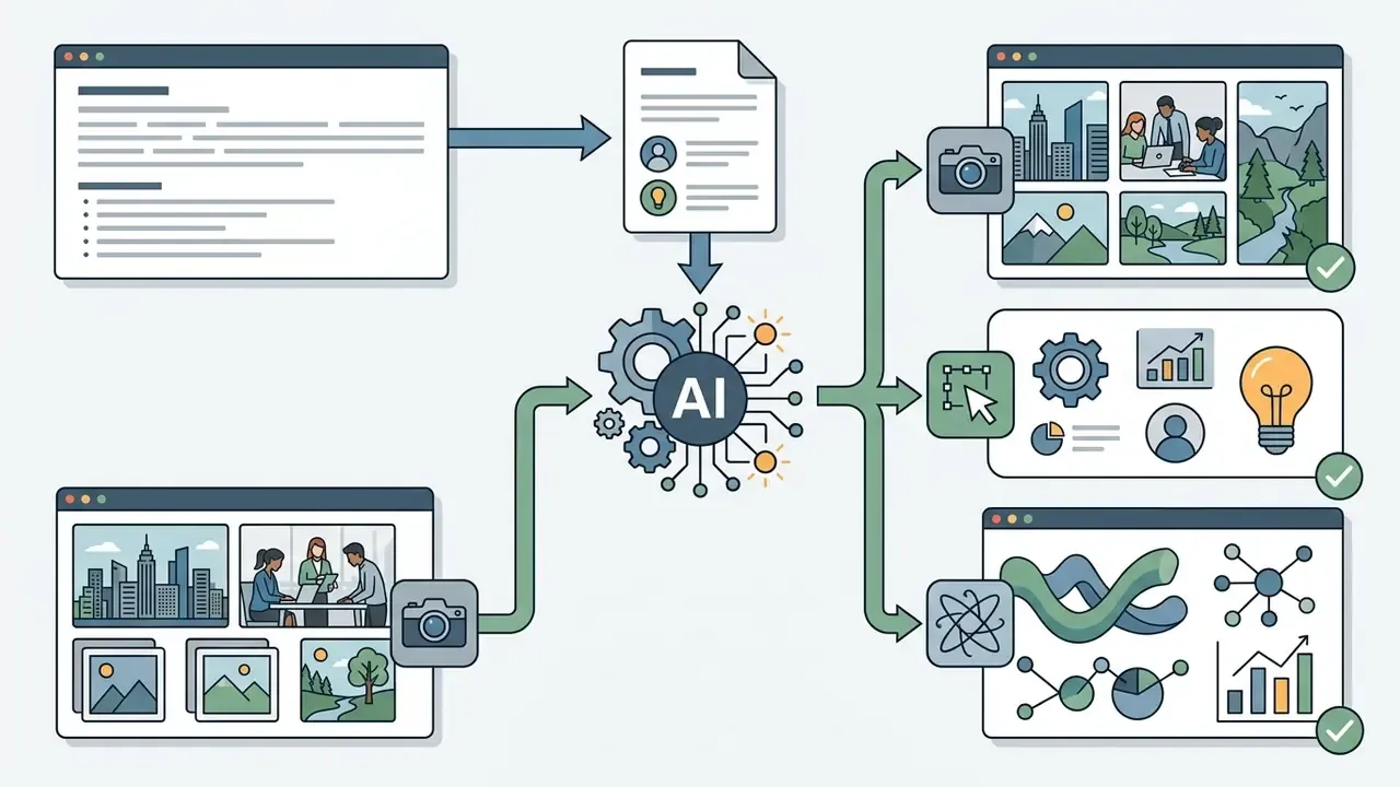 AI engine processing text and image inputs to generate stock photos, icons, and data visualizations