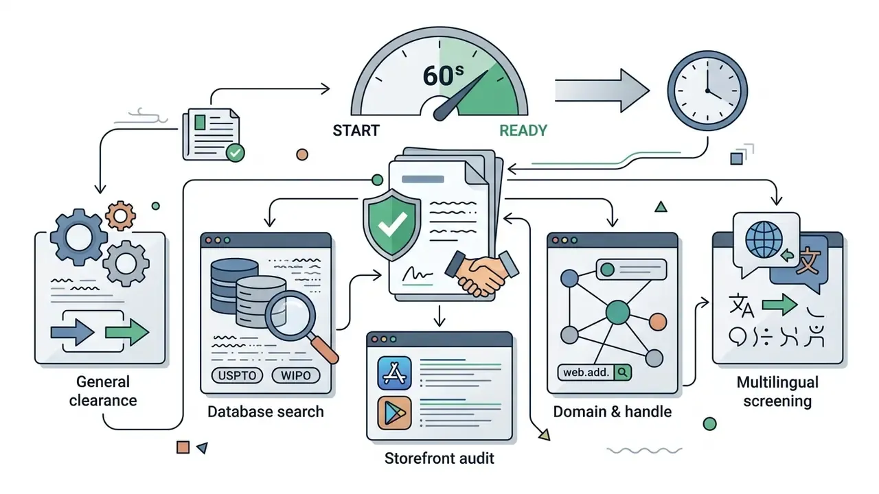 Workflow showing steps for legal trademark clearance including database searches and domain checks