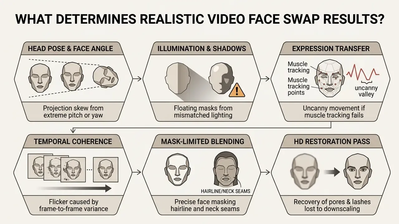 Diagram detailing technical factors like lighting, pose, and blending that affect video face swap quality