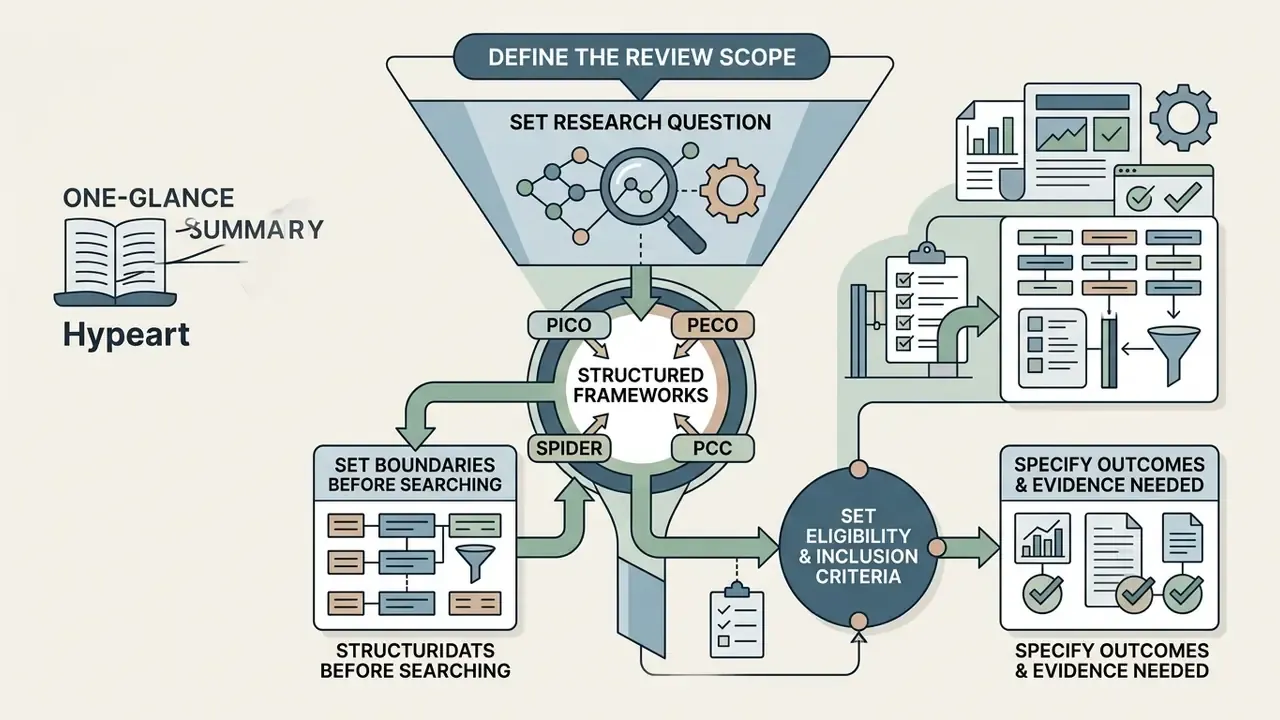 Funnel diagram illustrating structured frameworks like PICO and SPIDER to define review methodology