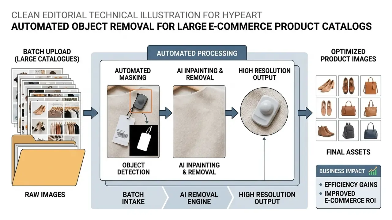 Workflow showing batch upload of product photos processed through automated masking and AI inpainting