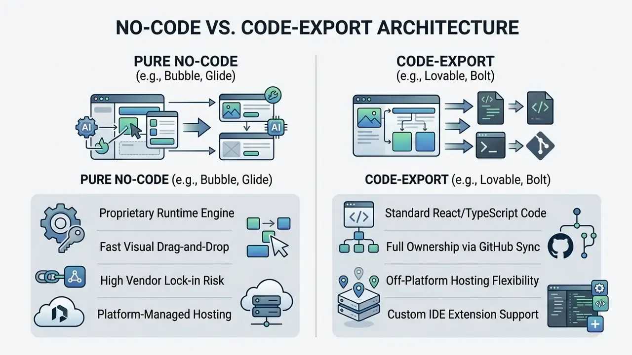 Comparison table contrasting proprietary no-code platform features with code-export development workflows