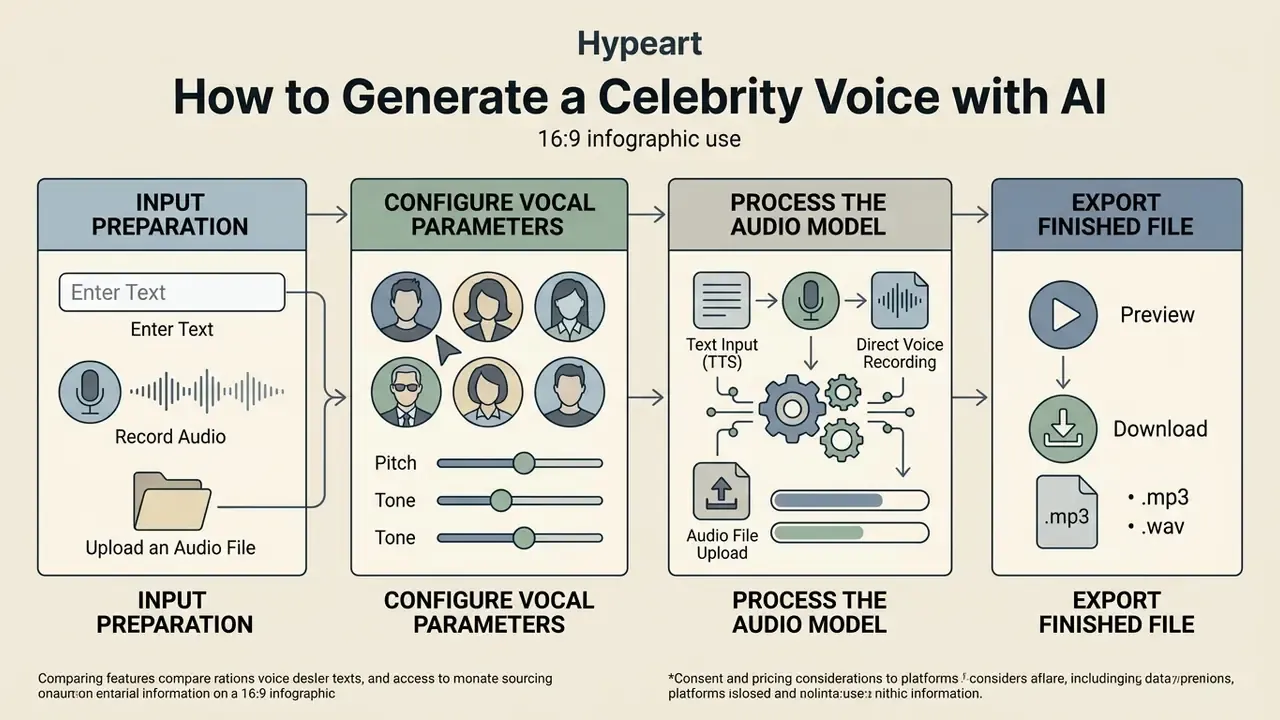 Four step diagram showing input preparation, voice selection, model processing, and file export