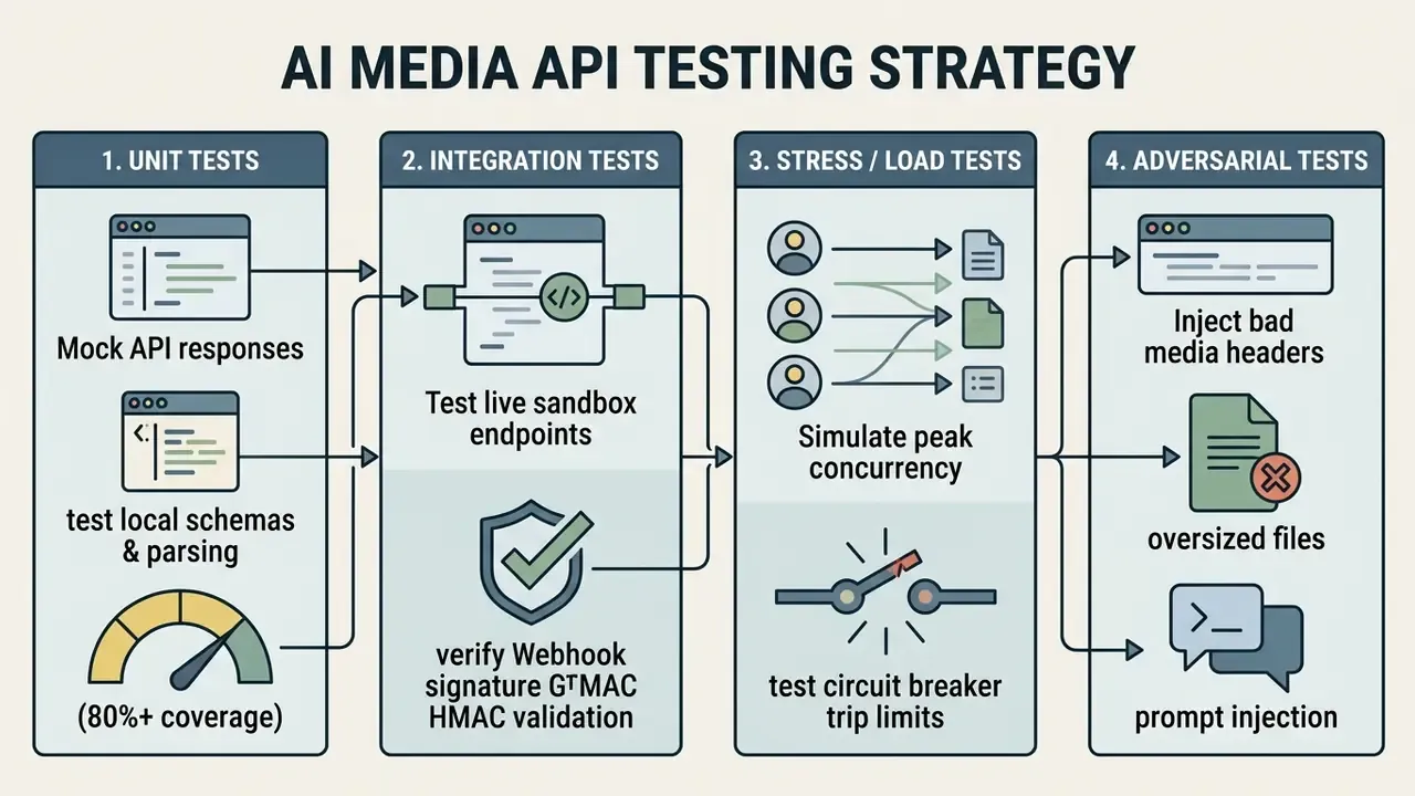 Four-column diagram outlining unit, integration, load, and adversarial testing phases for an AI Media API