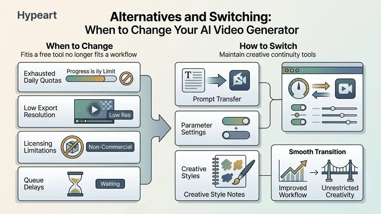 Comparison chart showing reasons to switch AI video tools and methods for maintaining creative continuity