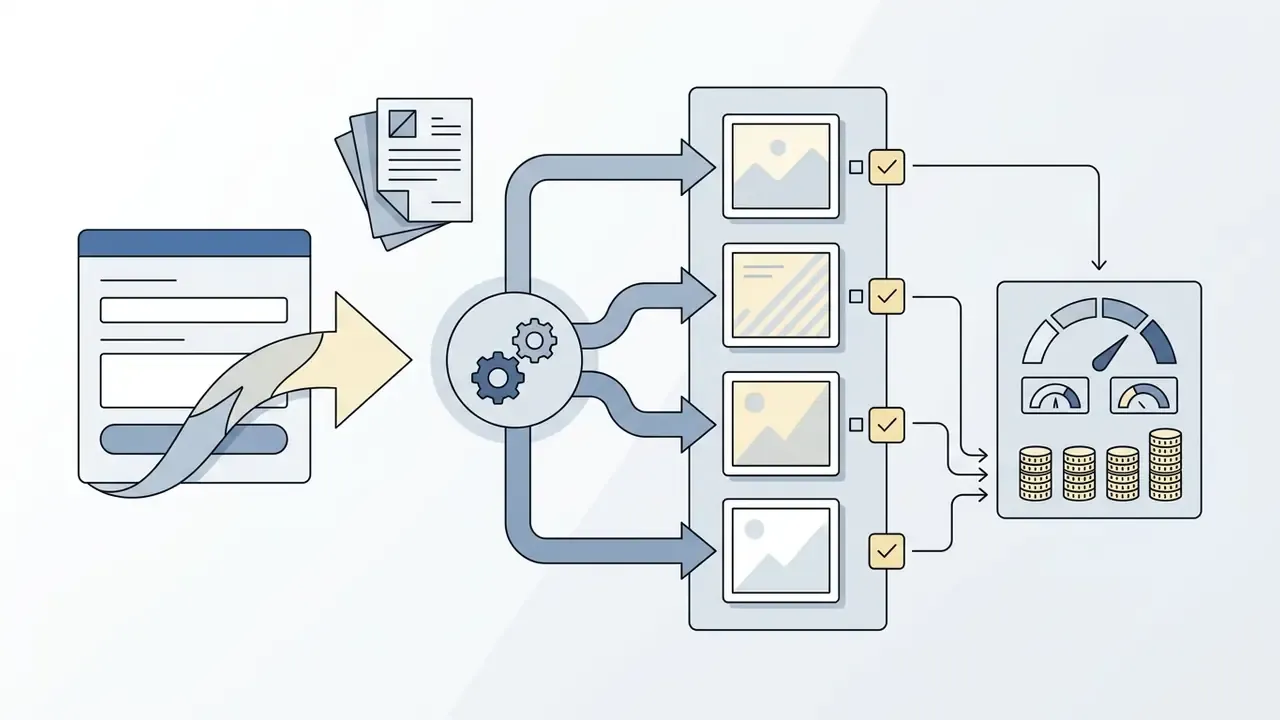 Document input feeding a processor that splits into four image outputs tracked by a usage gauge