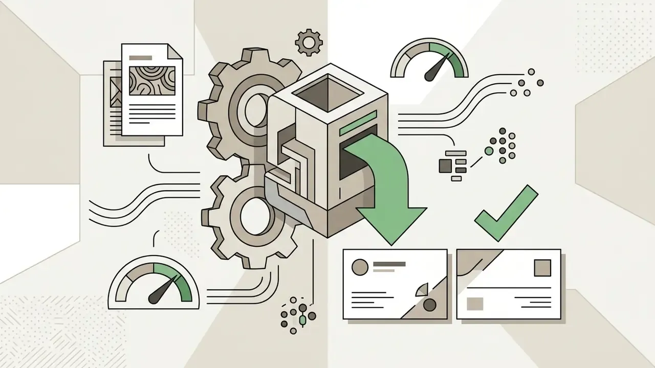 Documents and performance gauges feeding into a gear mechanism to generate two finished card designs