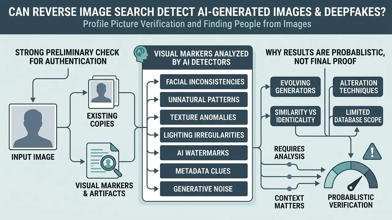 Infographic showing how visual markers and probabilistic analysis help identify synthetic media