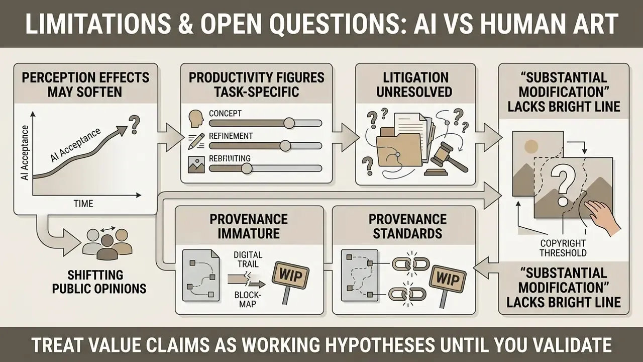 Infographic summarizing unresolved challenges and open questions regarding AI versus human art