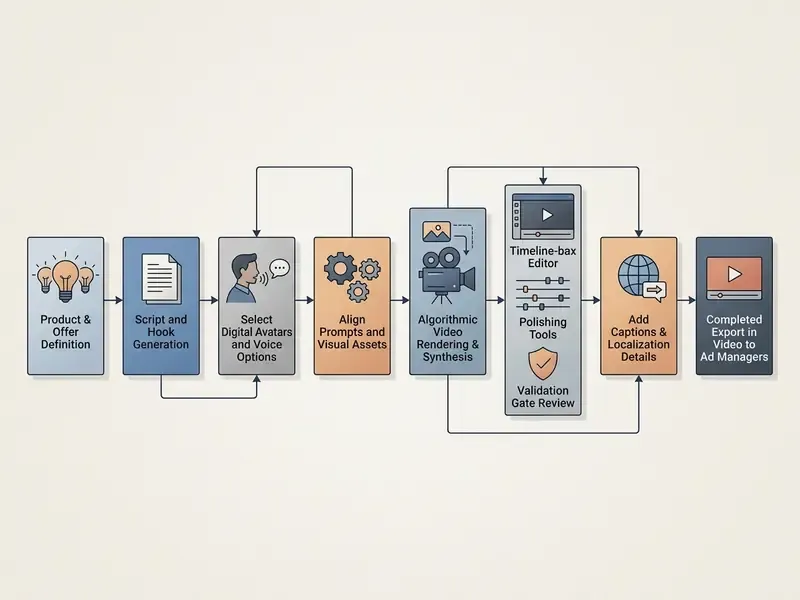 Sequential process blocks showing content creation from product briefing through editing to final ad export