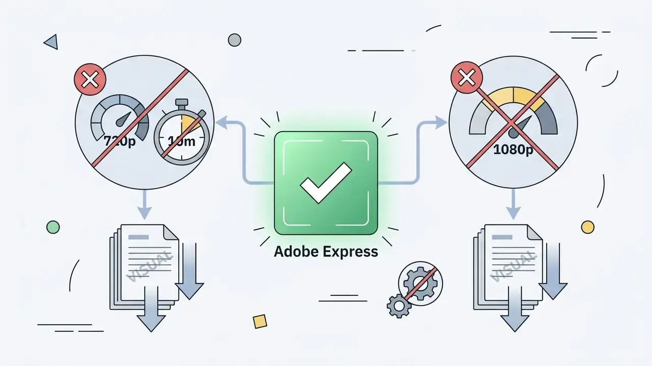 Adobe Express icon with a checkmark contrasted against restricted export settings for other platforms