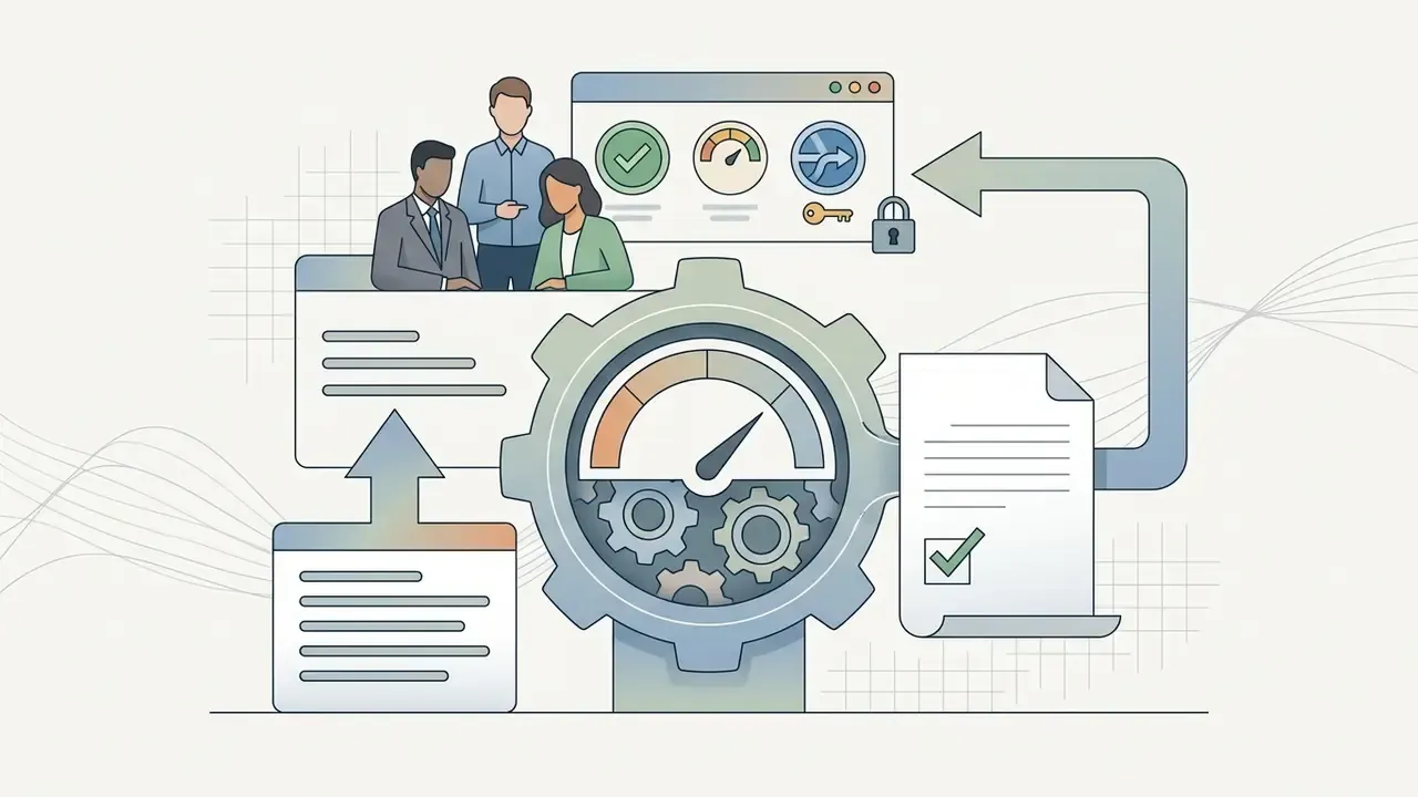 Professionals reviewing document workflows through a central gear mechanism with quality control gauges