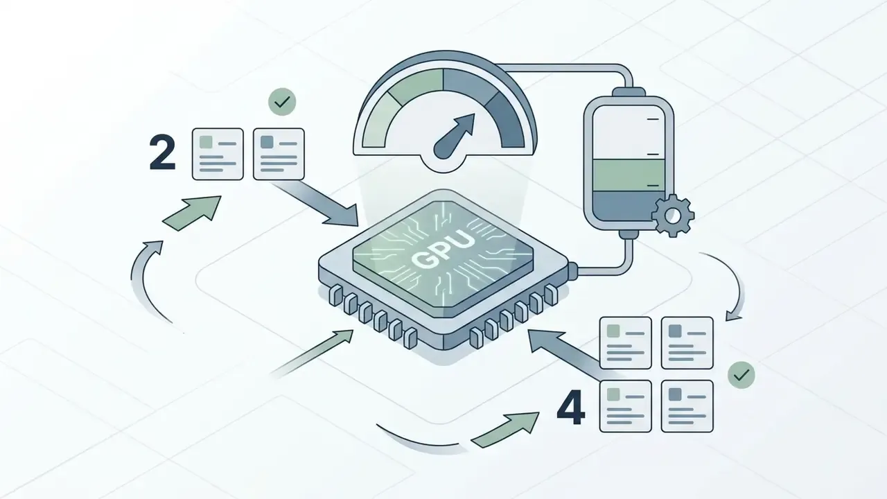 GPU chip connected to a gauge and storage tank with arrows showing batch sizes of two or four documents
