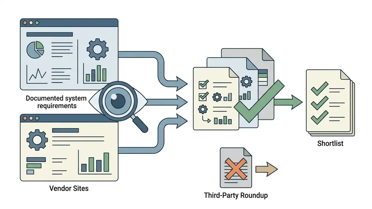 Magnifying glass analyzing vendor site data to filter documents into a verified final shortlist