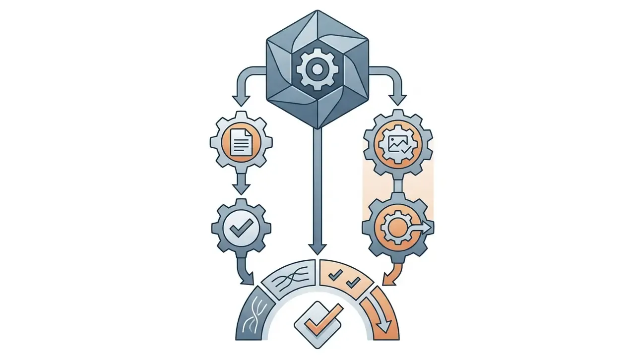 Central gear hub connecting to branching workflows of document processing and image generation modules