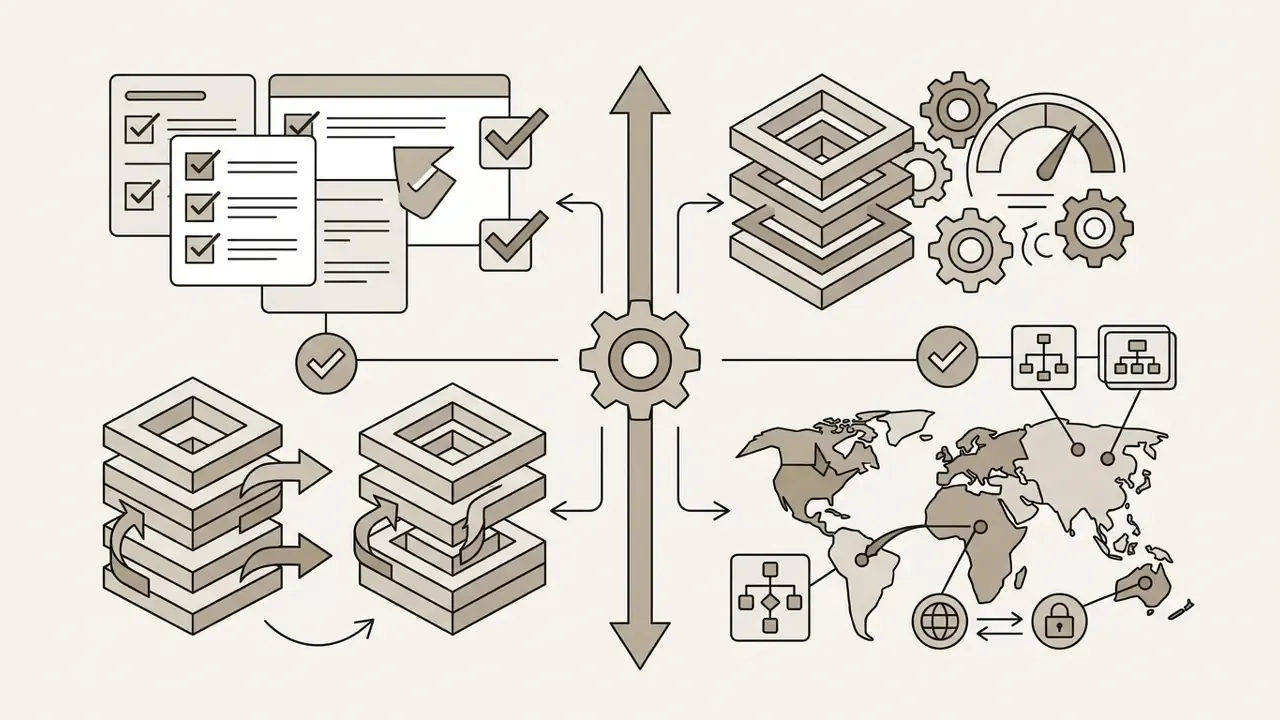 Central gear icon connecting data stacks, security checklists, network diagrams, and global region maps