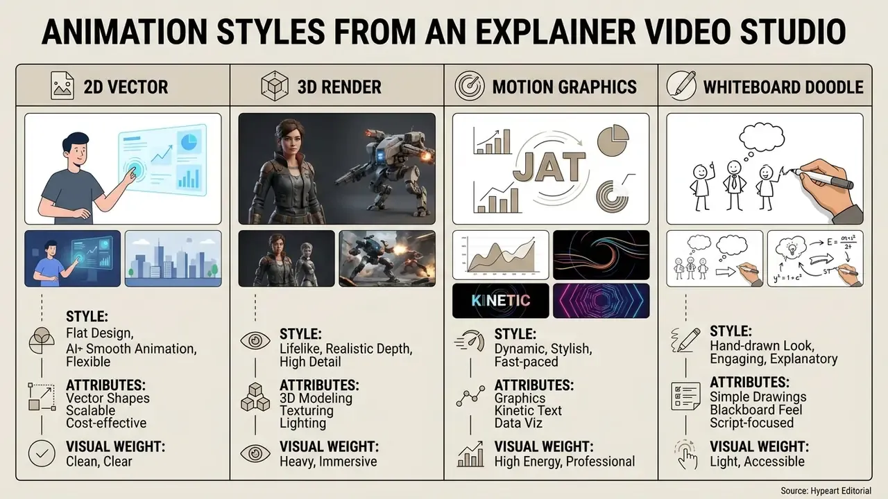 Grid comparing 2D vector, 3D render, motion graphics, and whiteboard doodle animation styles