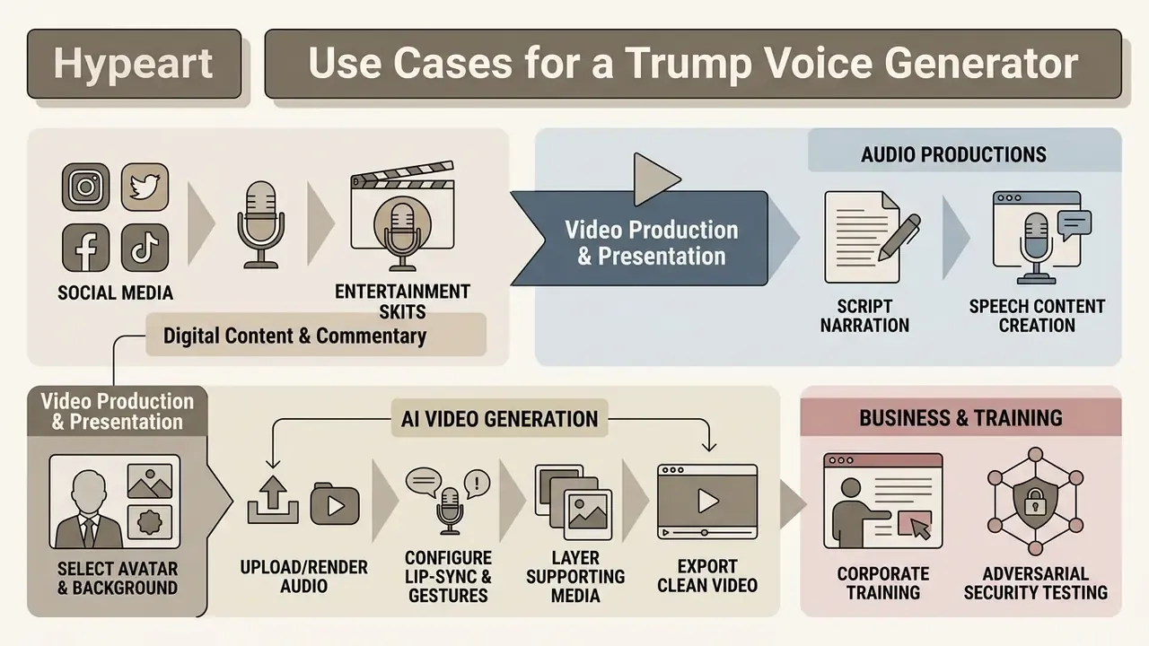 Diagram detailing media workflows including social media, video production, and corporate training