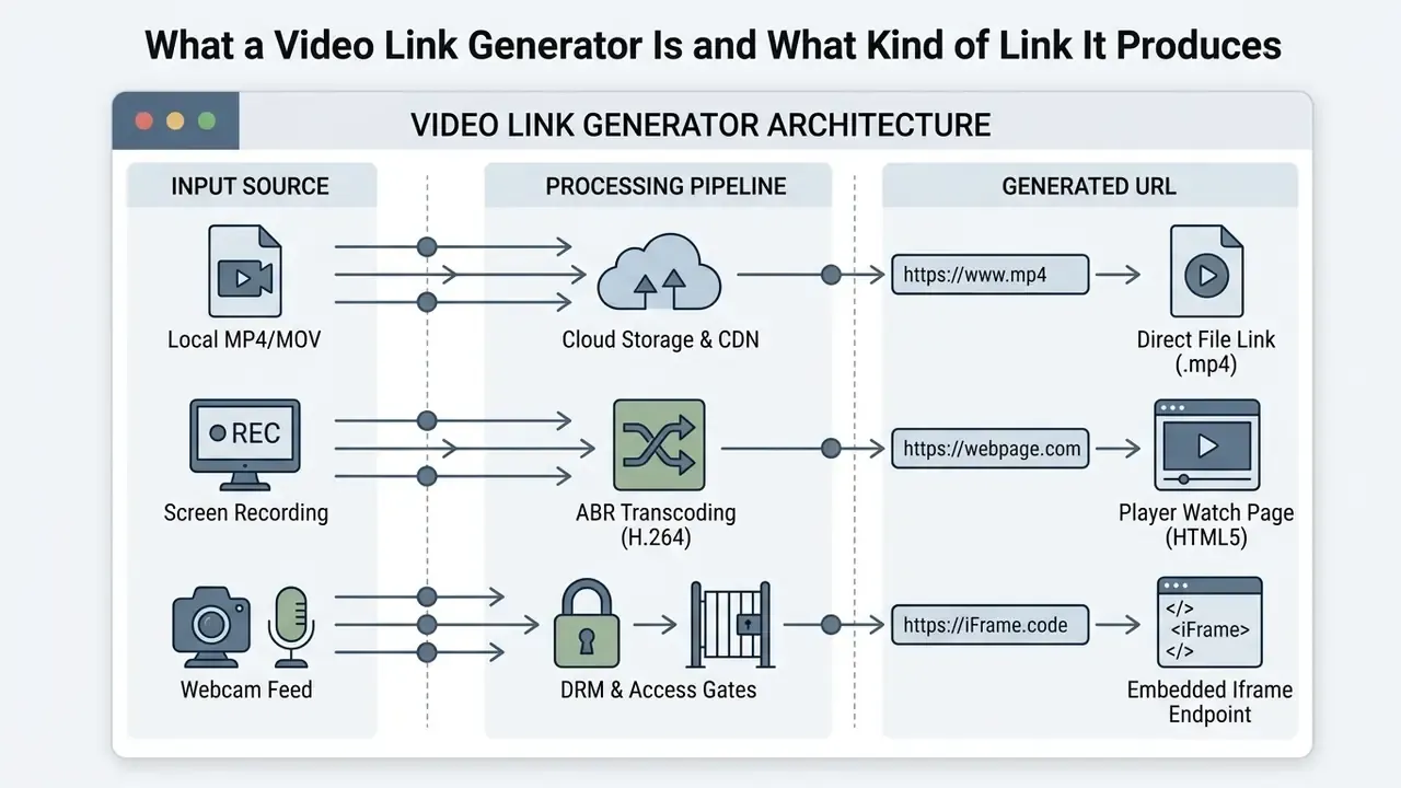 Flowchart mapping input sources through a processing pipeline to create various video link formats