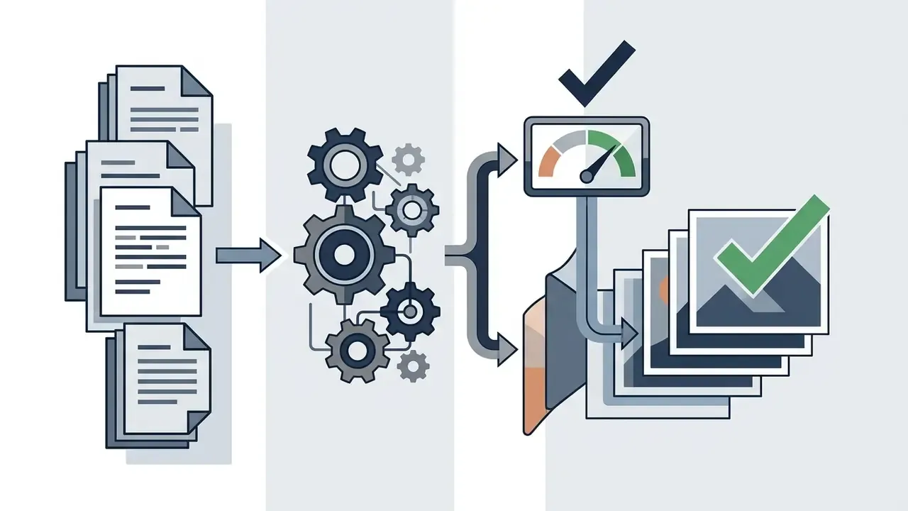 Stack of documents feeding into a gear system that outputs to verified image files