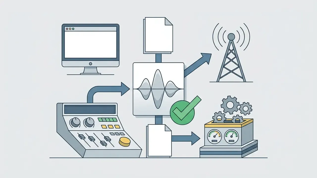 Audio mixing console and computer screen connecting to a waveform icon for broadcast and processing