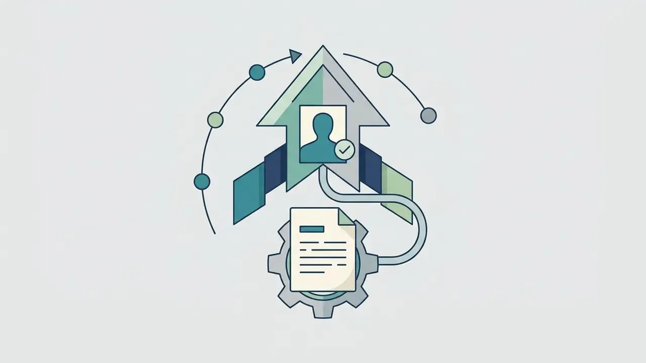 Document icon connected to a person silhouette inside an upward pointing arrow with circular nodes