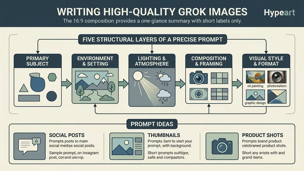 Diagram showing five sequential layers for building prompts including subject, setting, and visual style