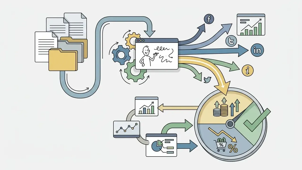 Files flowing through gears into a video editor and social media channels to reach performance metrics