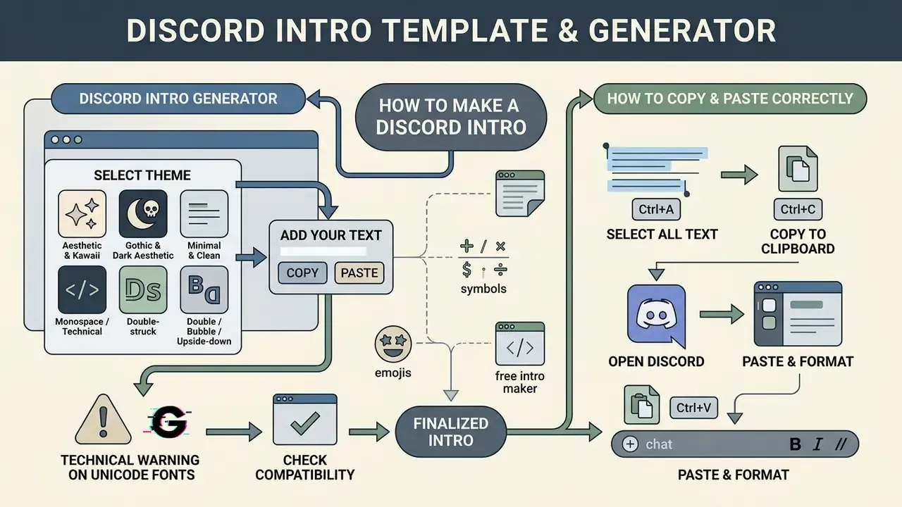 Diagram detailing the steps to select themes, customize text, and paste content into a chat platform