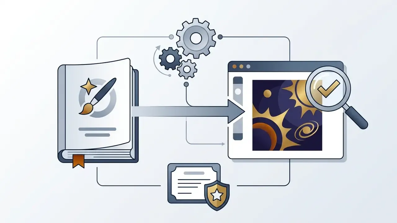 Open book with a paintbrush icon transforming into a digital screen inspected by a magnifying glass