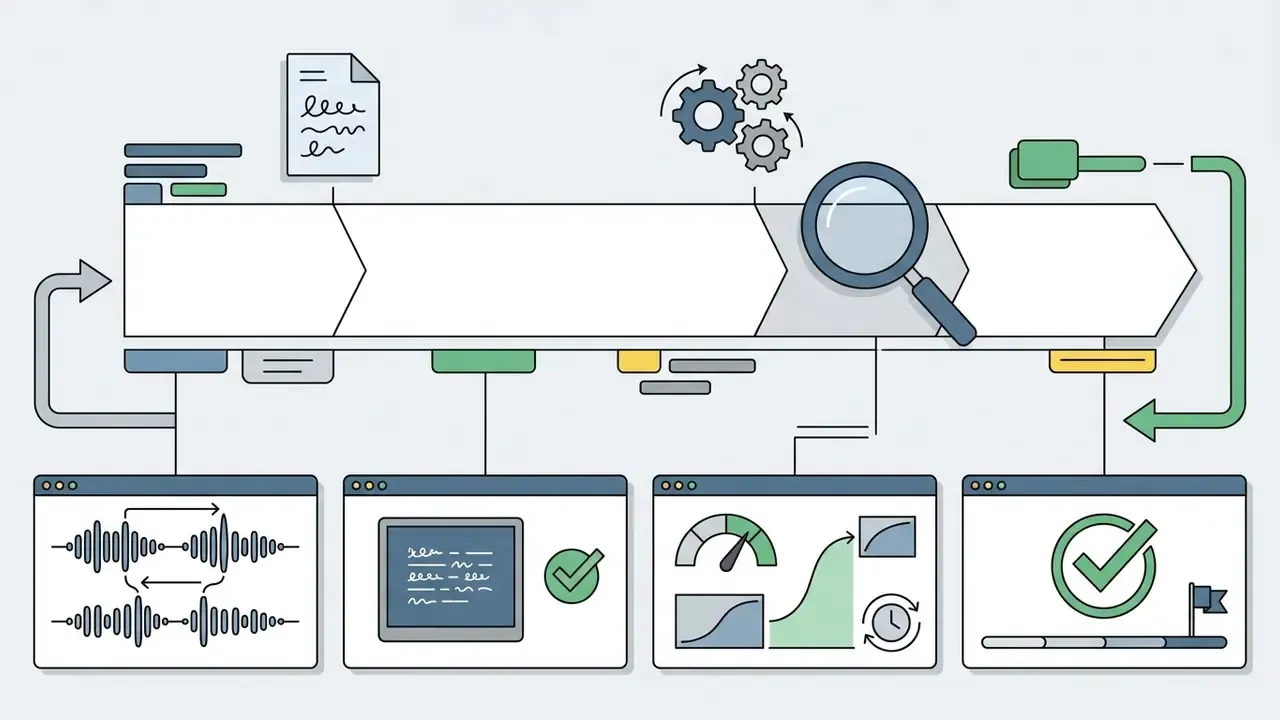 Process flow showing audio inspection, text review, and performance metrics leading to a final checkmark