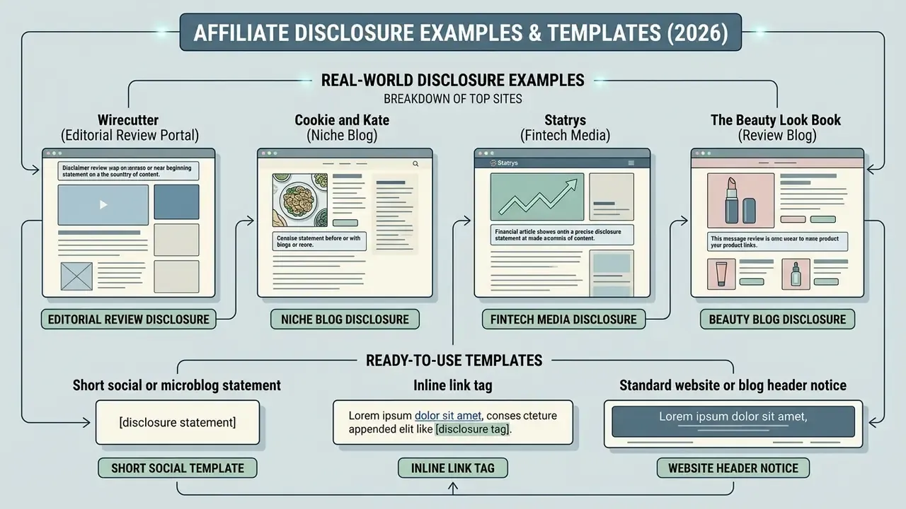 Infographic comparing website disclosure styles alongside templates for social media and header notices