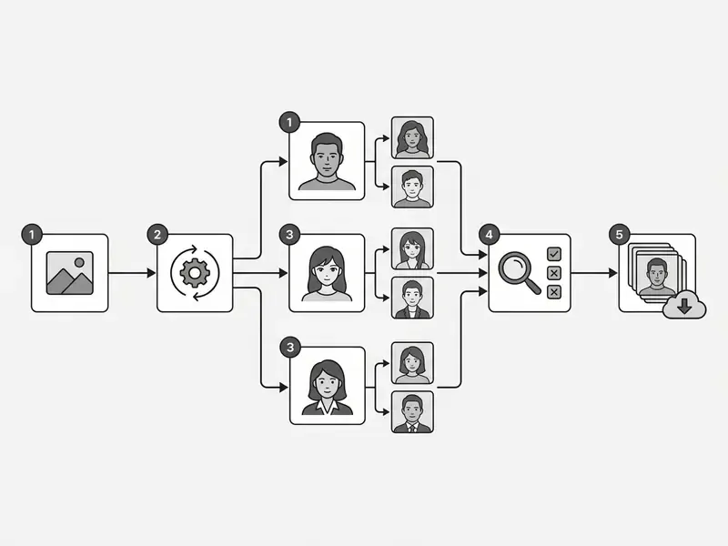Five-step sequence showing photo input, processing, character selection, quality review, and final download