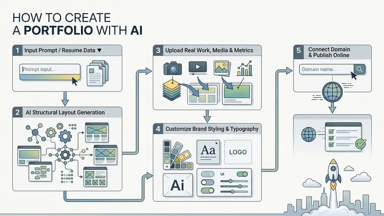 Five step flowchart illustrating the workflow to build a professional website using an ai portfolio generator