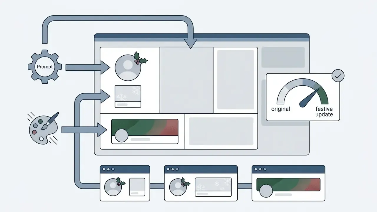 Diagram showing prompts and design tools being used to update social media profile avatars and headers