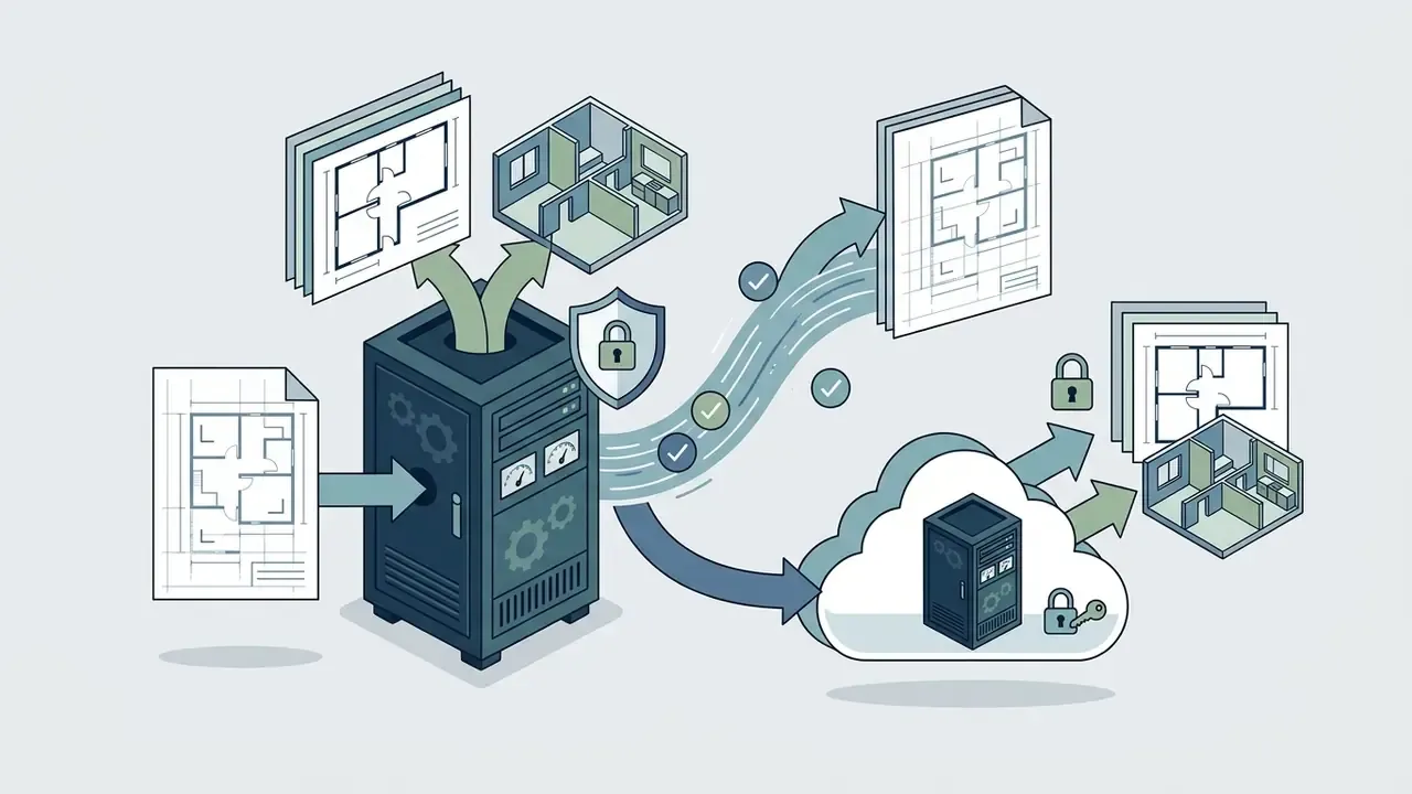 Server processing floor plan documents and routing secure outputs to cloud and local storage environments