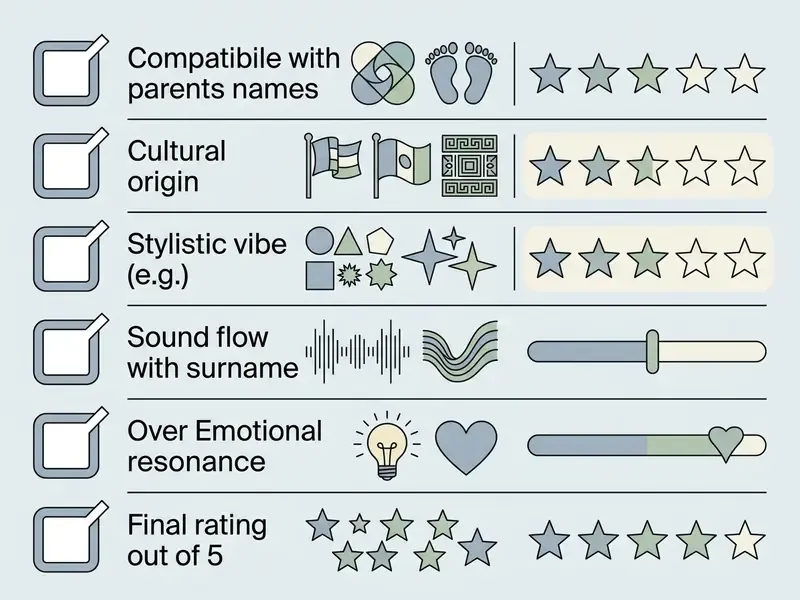 Interactive checklist with six criteria for evaluating baby names using star ratings and slider scales