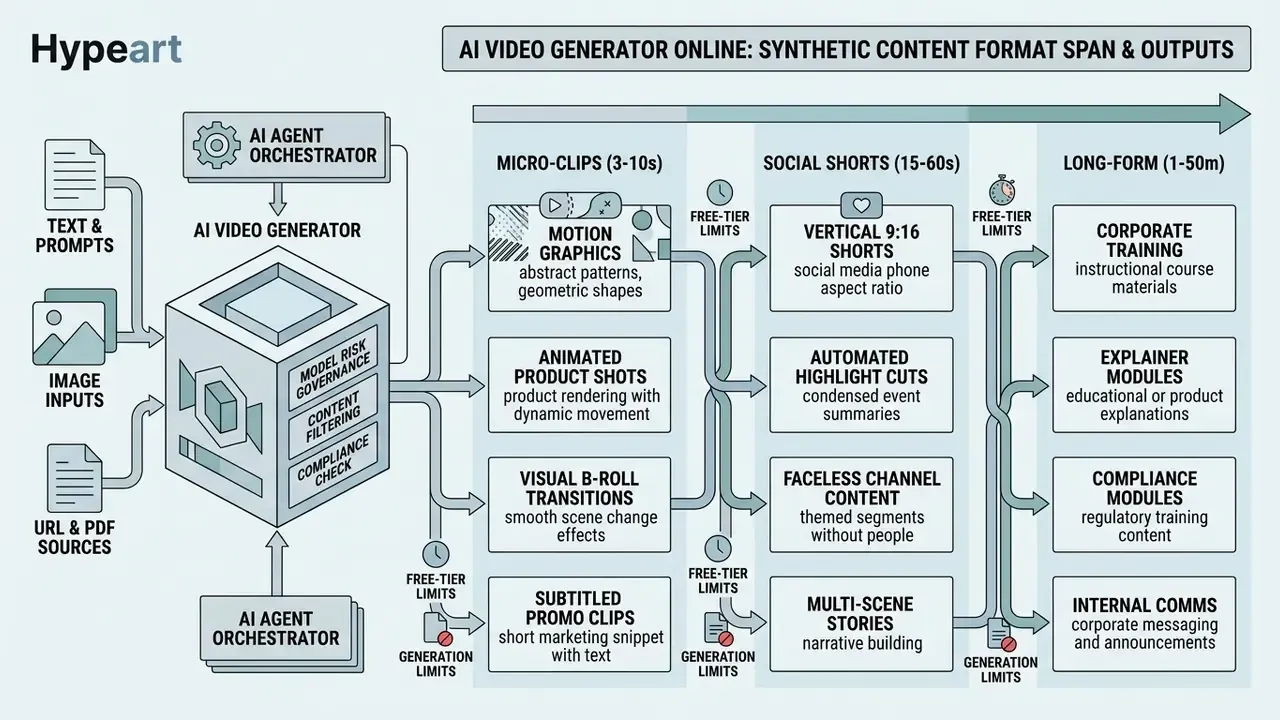 System architecture diagram showing input processing and output categorization for an AI video generator online
