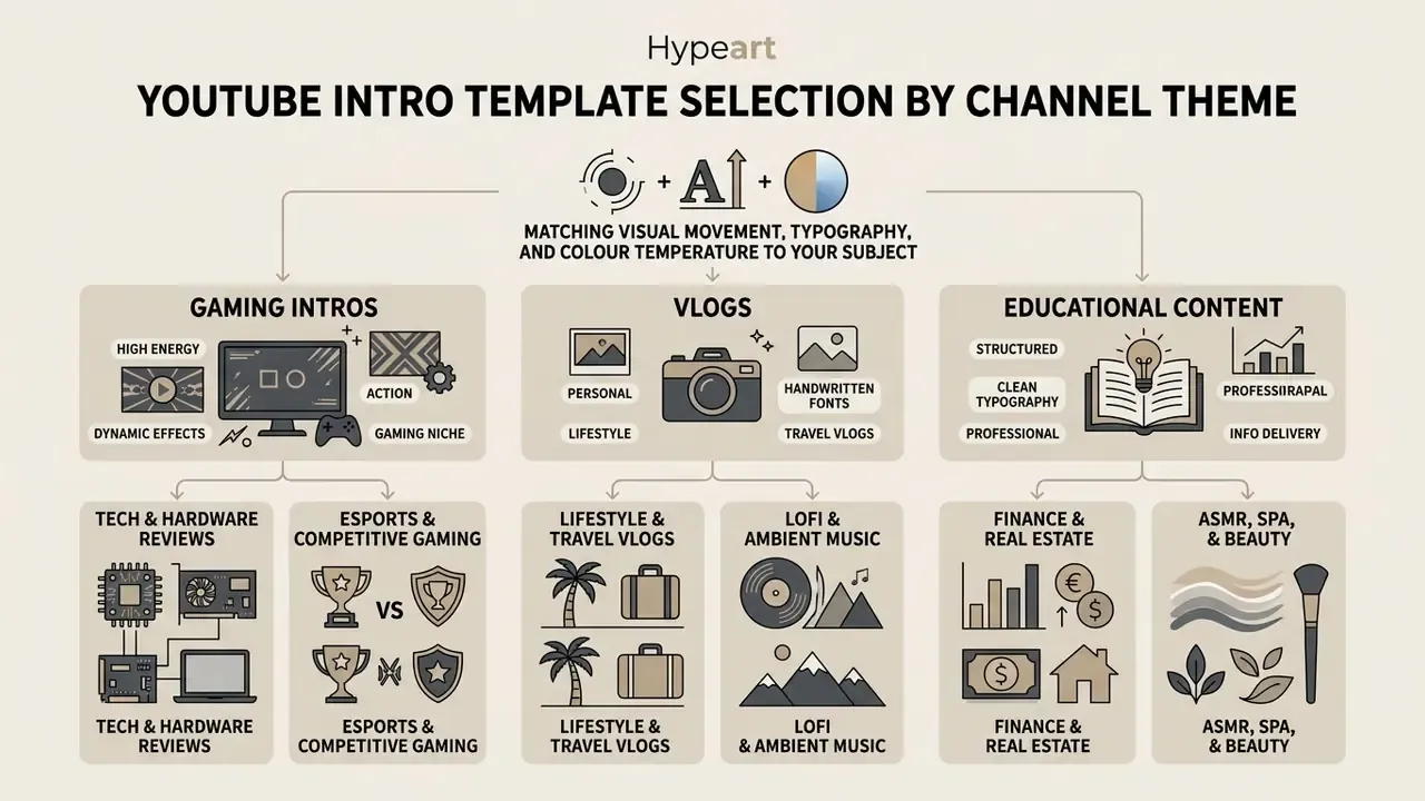 Diagram mapping video channel themes to visual styles including typography and color temperature