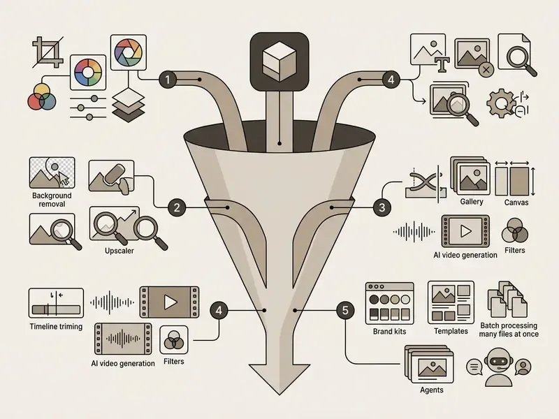Funnel diagram showing how various photo editor app features branch out from a central core