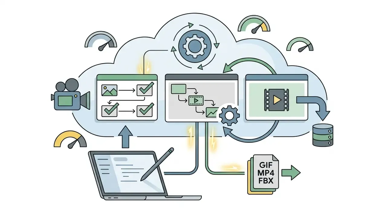 Laptop capturing camera footage and processing animation frames through cloud storage for file export