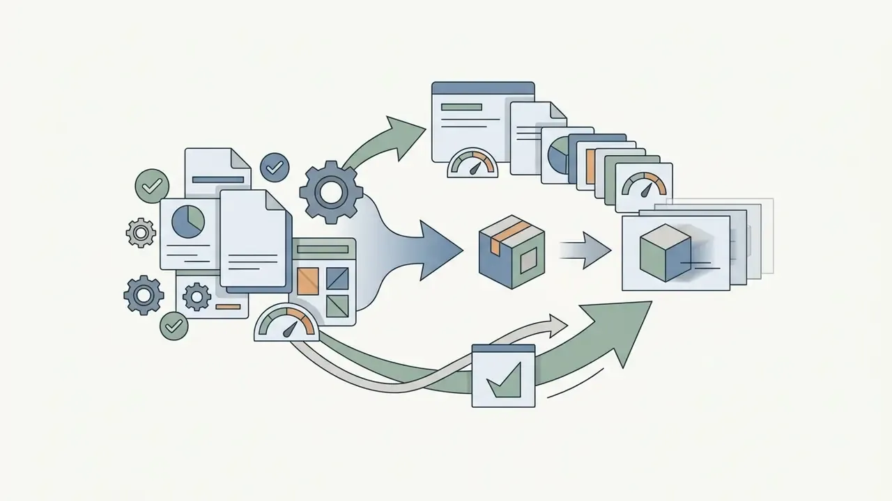 Documents and data being processed into a 3D product model through a series of automated steps