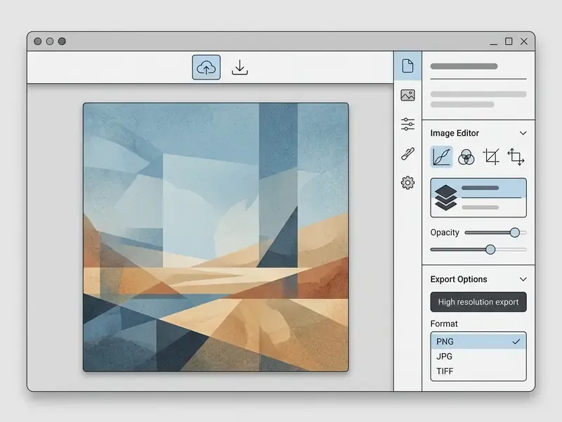 Digital workspace showing an abstract landscape image with side panels for editing and export settings