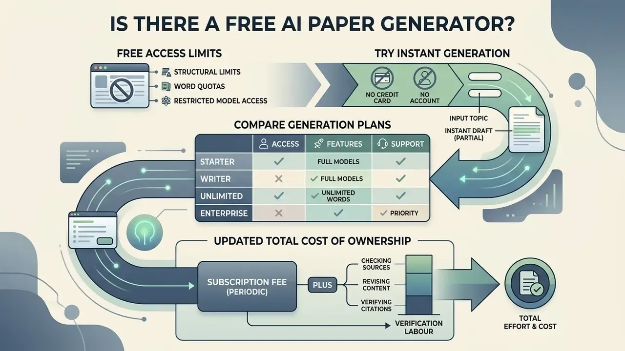 Infographic detailing subscription tiers, usage limitations, and the total cost of automated writing tools