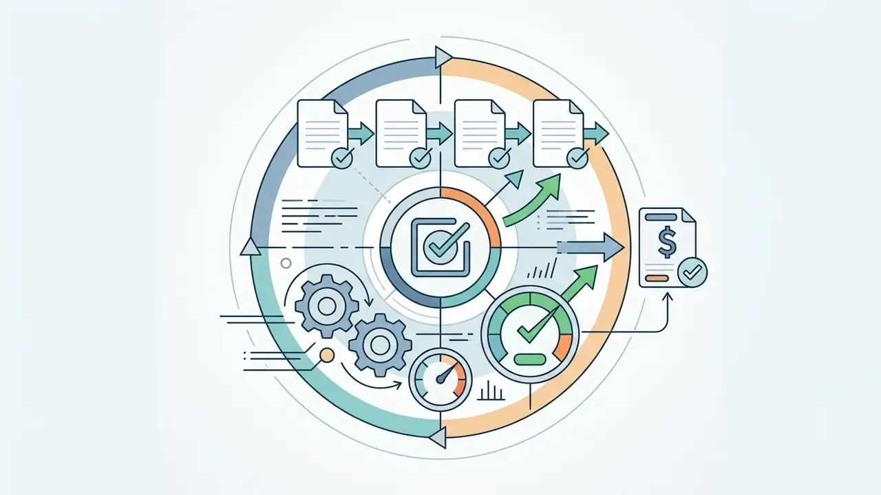 Circular graphic showing document processing steps leading to a financial invoice with checkmarks