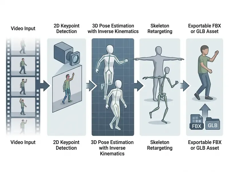 Process flow from video input to 2D keypoint detection, 3D pose estimation, retargeting, and FBX or GLB export